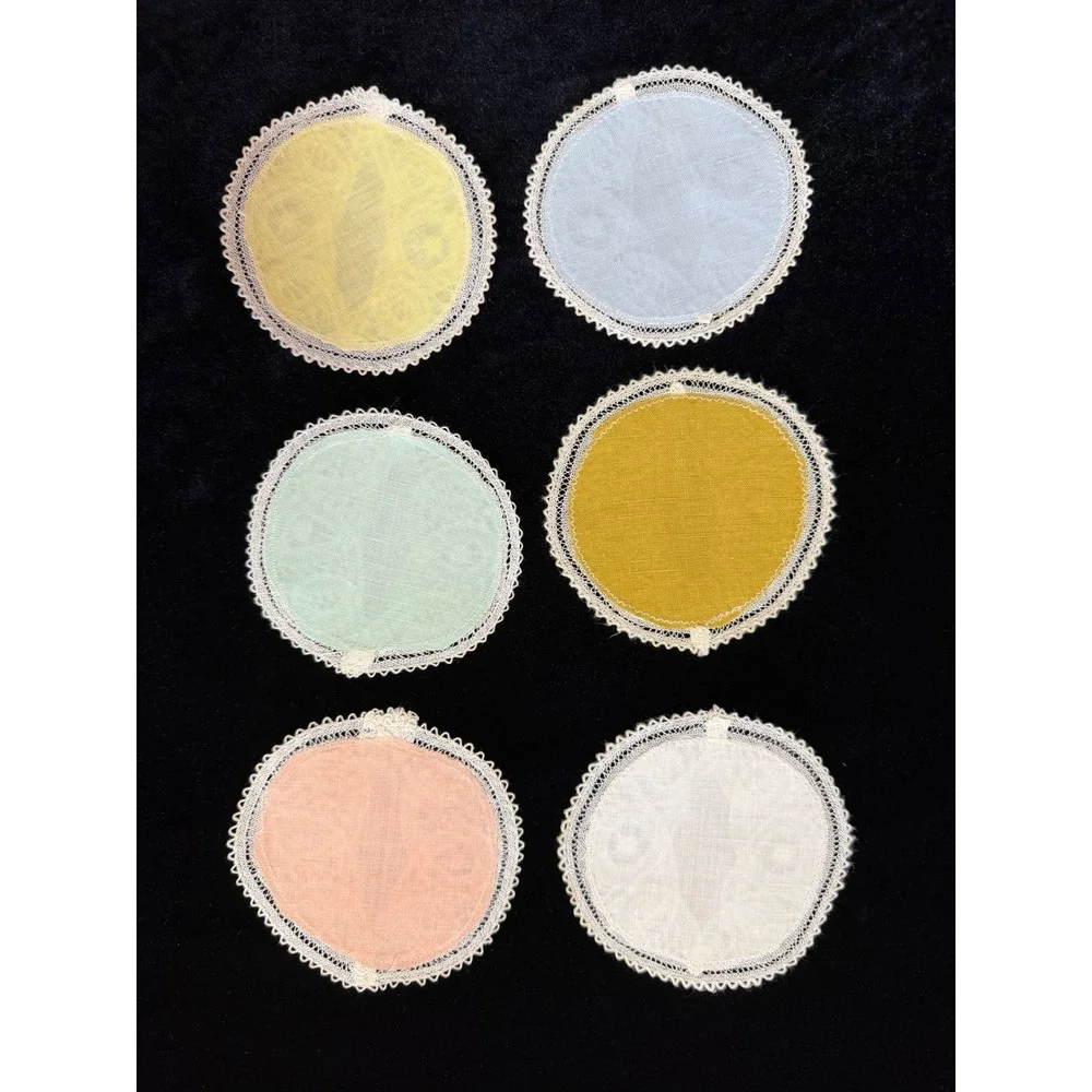 Vtg Belgian Brugge Lace Coasters Doilies 6pc Pastel Round Tea Party Cottagecore